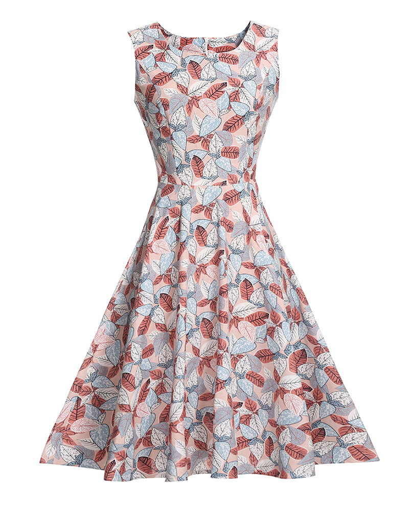 SZ60093-1 Pink Floral Print Sleeveless Skater Dress